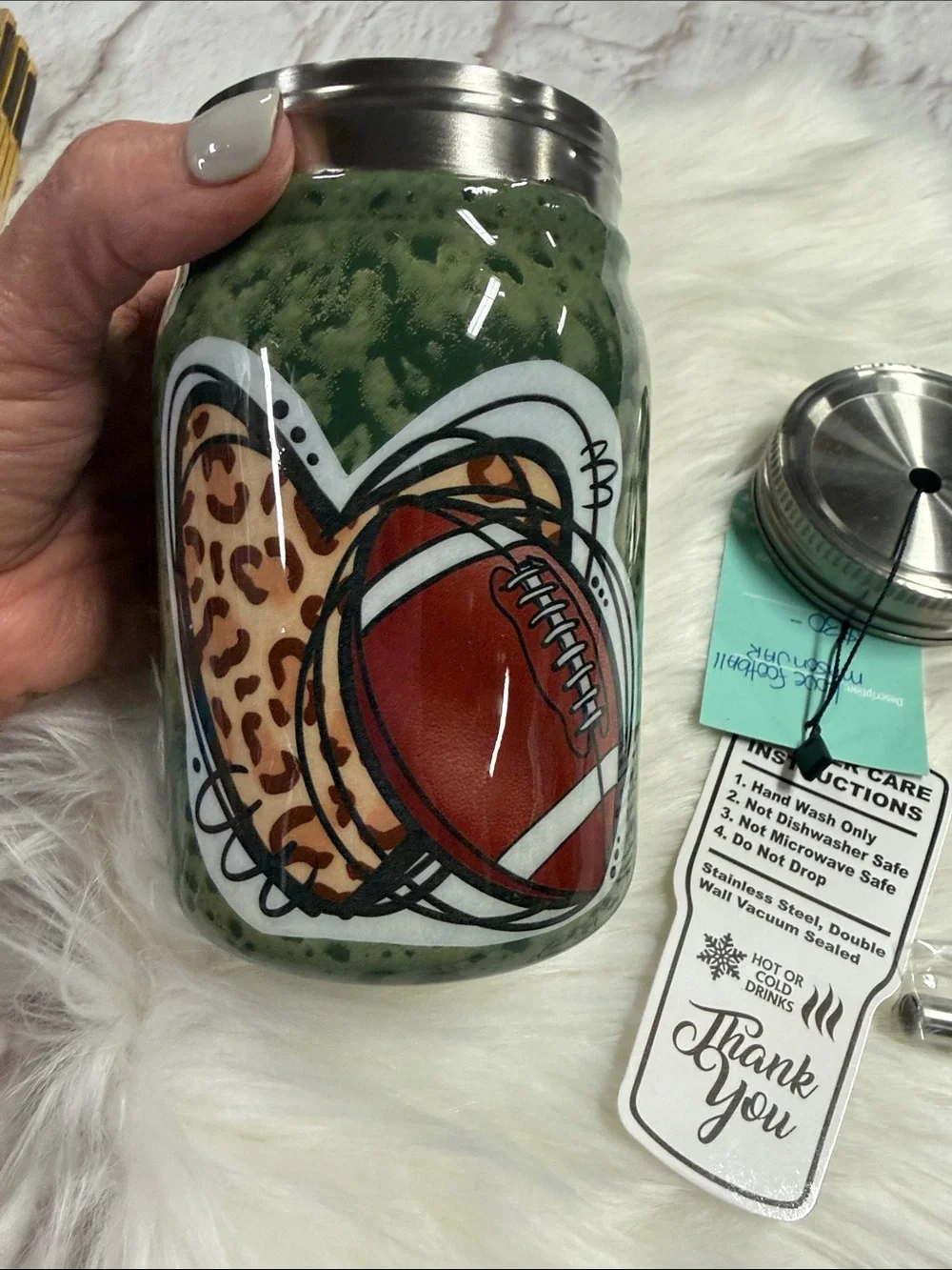 Proxy Metal Mason Jar Green Football with leopard heart Tumbler with lid & Straw